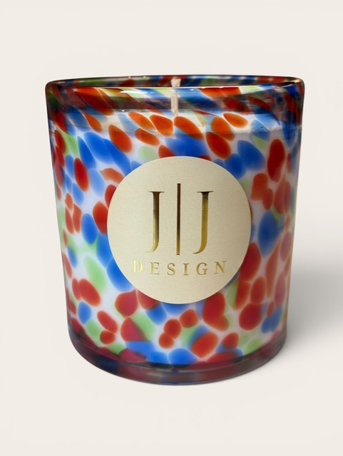 JJ Design soy candle in vintage glass tumbler with gold label.