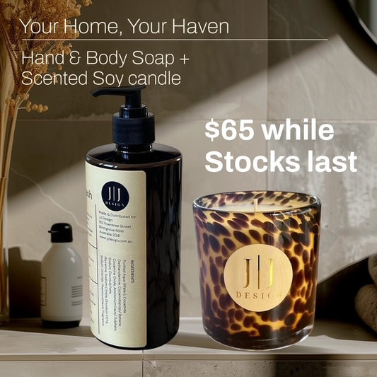 Amber Moss + Teak 450ml Scented Hand & Body Wash + Candle Gift Set