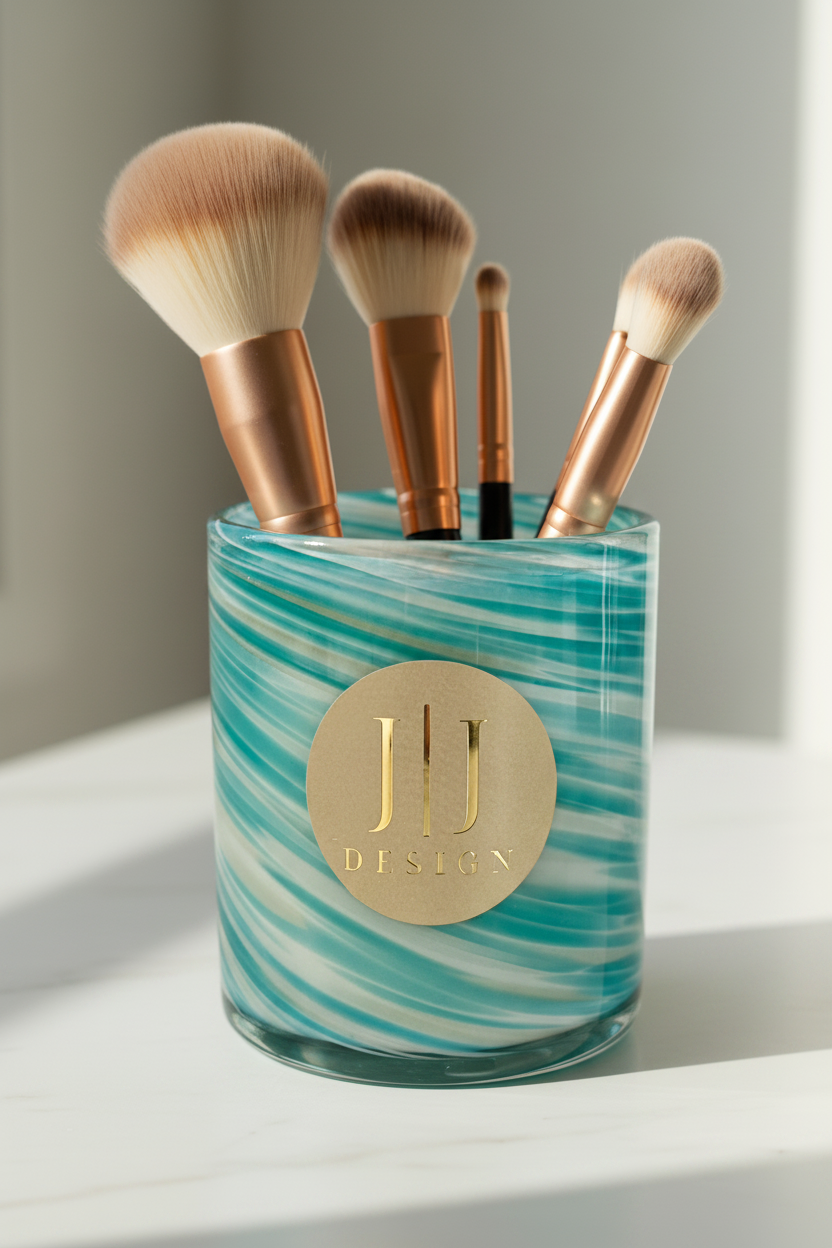 Candle Jar Repurposed - The empty glass jar repurposed as a chic makeup brush holder on a marble vanity.