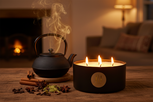 Large Vanilla Chai candle with 5 wicks with a old style kettle and fireside ambiance.