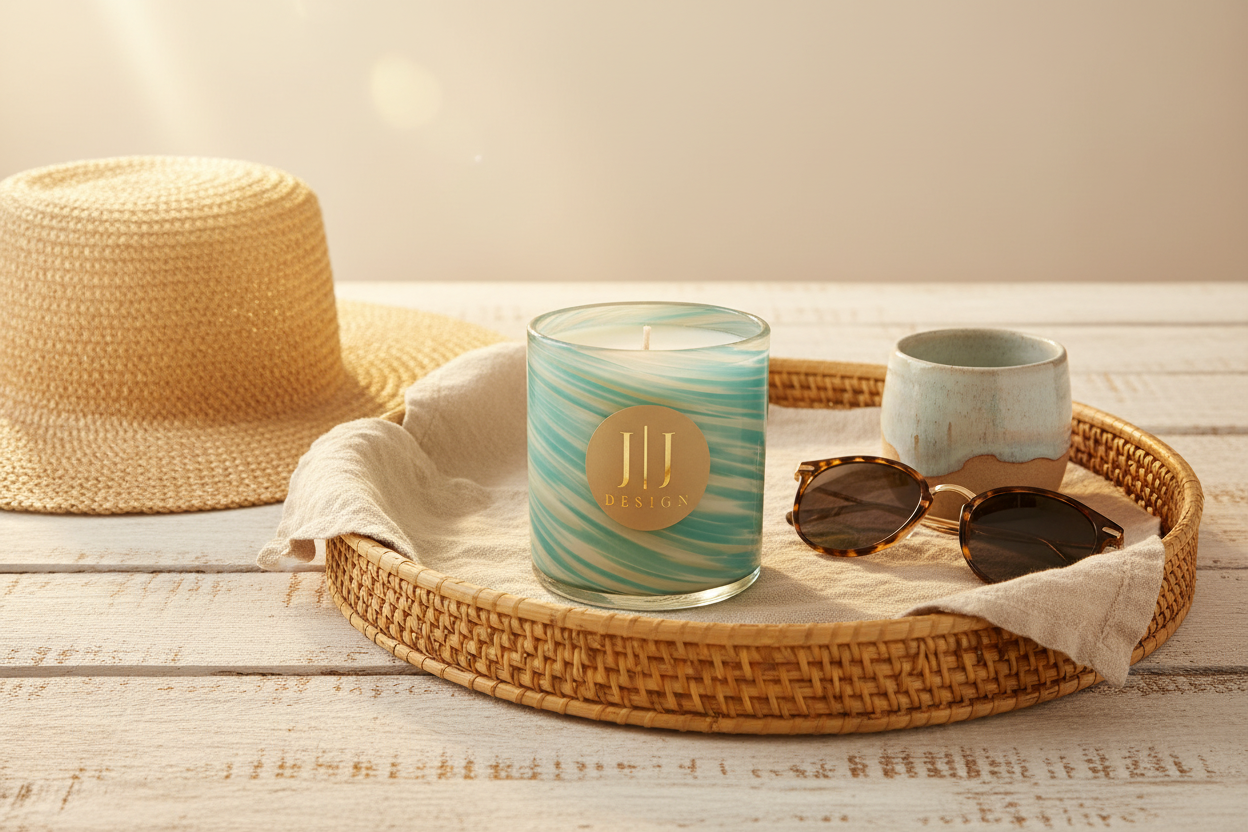 Breezy and sun-drenched — the candle on a rattan tray with linen, a straw sunhat, sunglasses, and a beachy ceramic cup, all bathed in that warm coastal backlight glow.