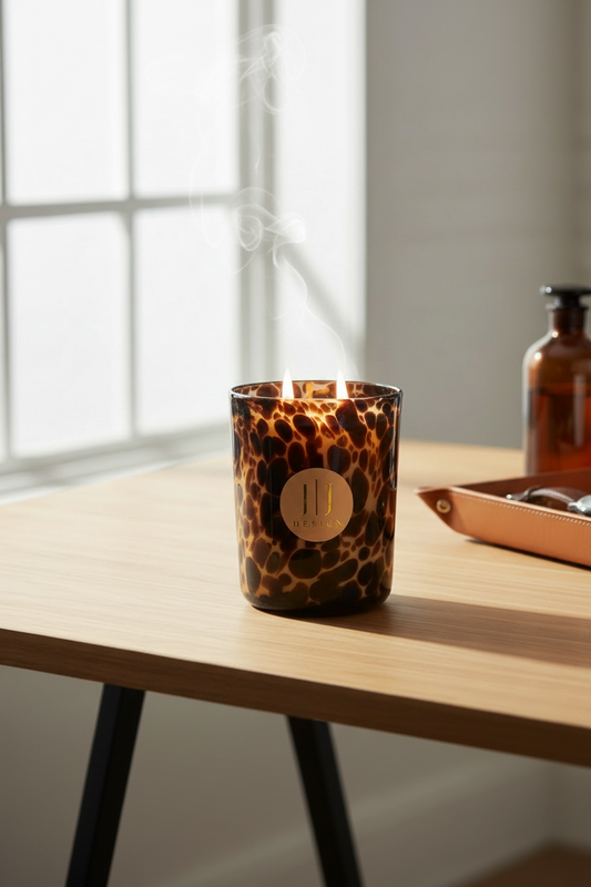 Desk Editorial - Candle Prominent on desk with the two wicks lit.