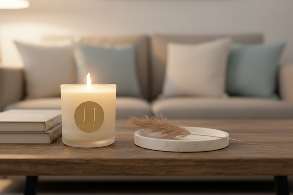 JJ Design white candle in clear glass jar, styled on a wooden coffee table.