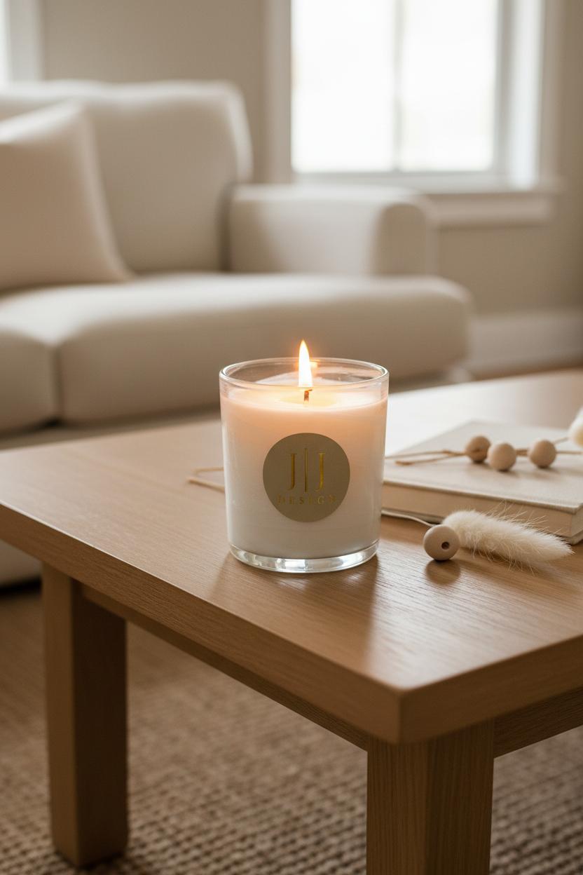 Freesia Coast lifestyle  soy candle on timber coffee table