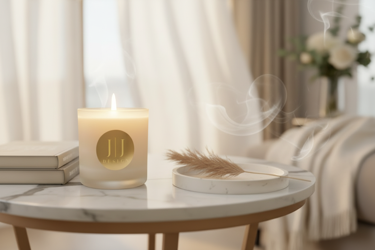 JJ Design white candle in clear glass jar, styled on a soft light backdrop