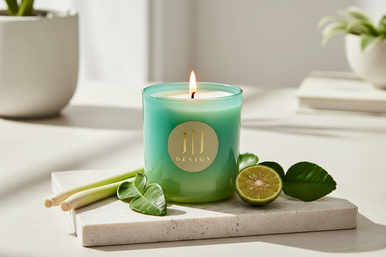 Luxury Soy Candle - Sublime - Bright & Energizing. Green/blue jar with Lemon grass and Lime leaves.