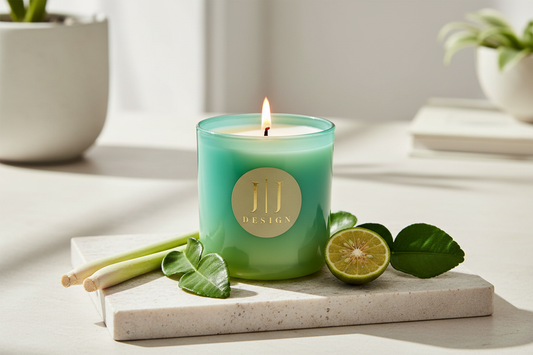 Luxury Soy Candle - Sublime - Bright & Energizing. Green/blue jar with Lemon grass and Lime leaves.