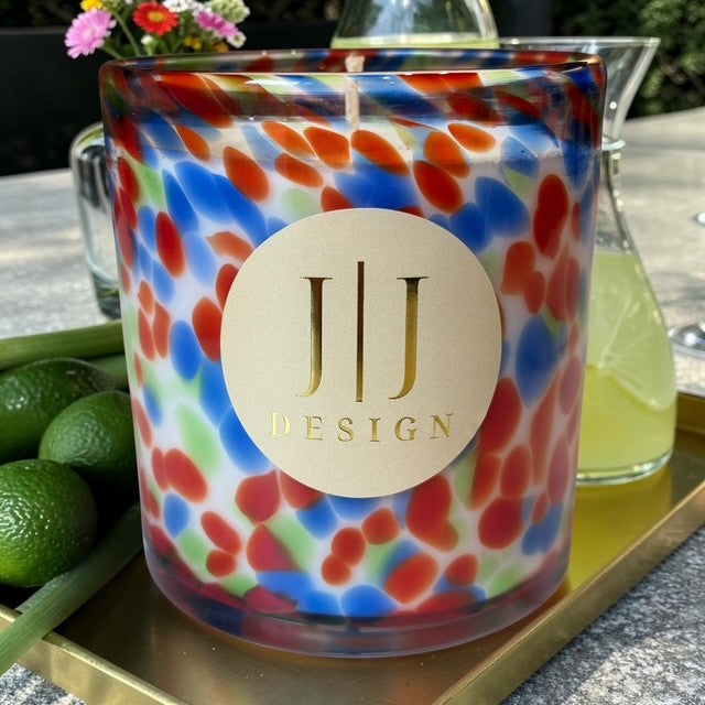 Sublime 400g soy candle by JJ Design styled in a home setting – lemongrass, kaffir lime & bergamot fragrance, vintage tumbler.