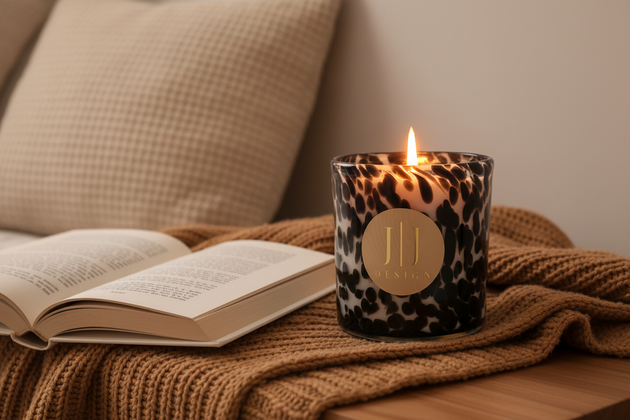 Vanilla Chai Candle - Bedside Table with open book in soft light