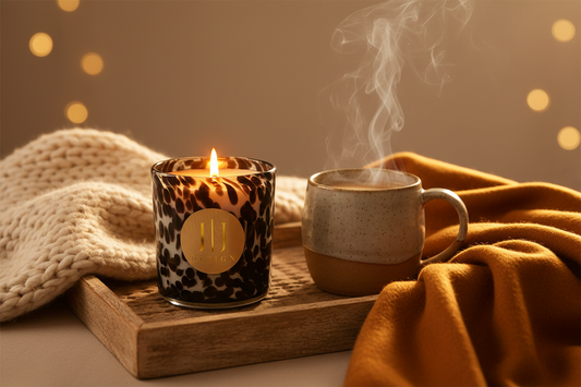 Vanilla Chai - Cozy Golden Hour Luxury candle on wooden tray with a steaming cup of coffee and beige throw.
