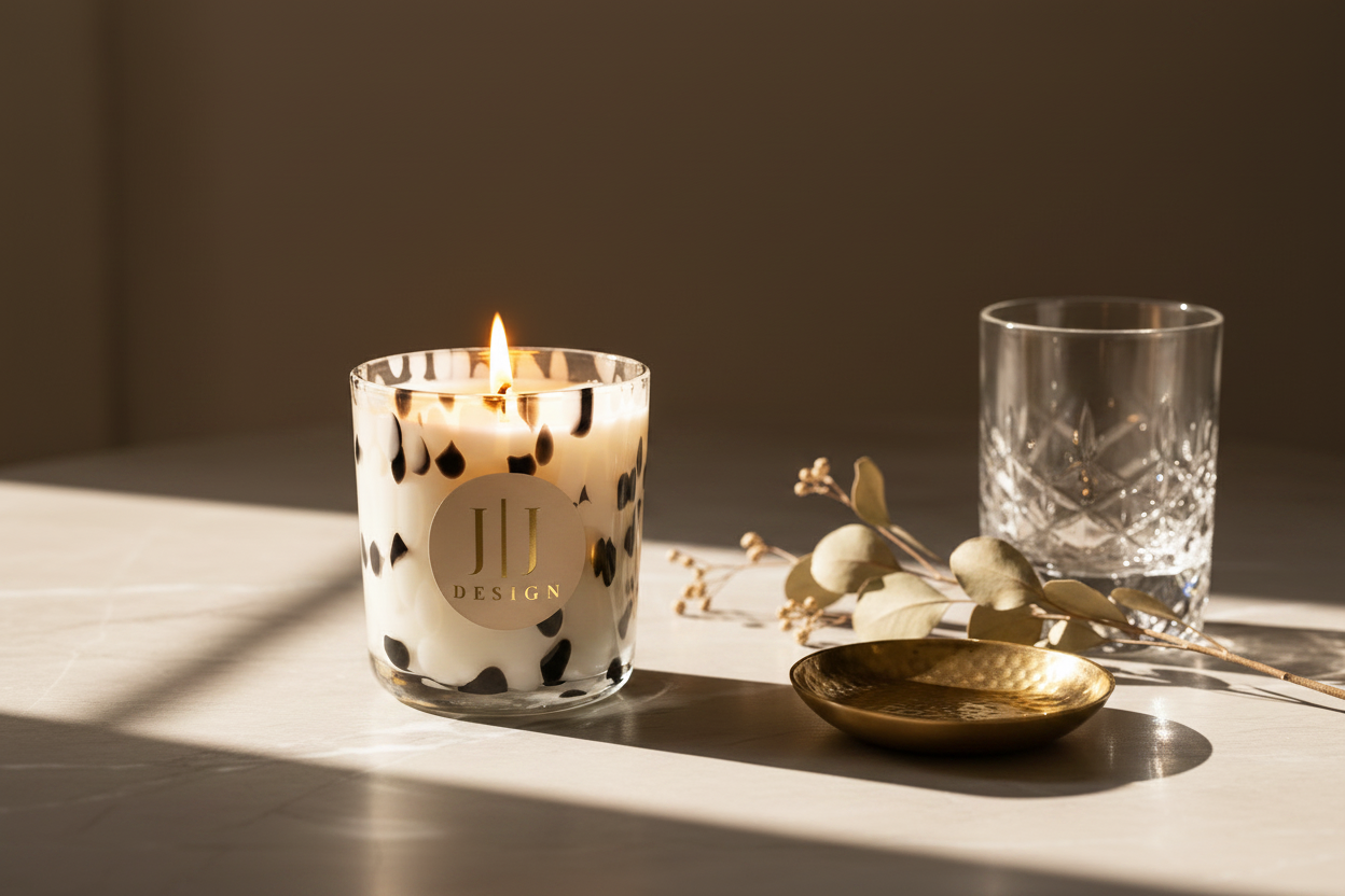Vanilla Woods Luxury Candle Elegant Lifestyle - Lighter, whiskey glass on table.