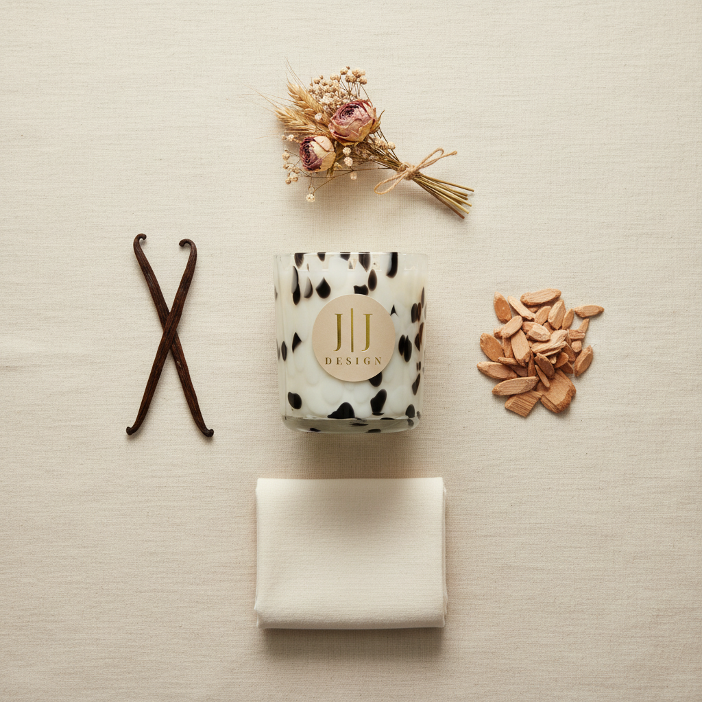 Vanilla Woods Soy Candle - Fragrance Flat Lay surrounded by vanilla pods  and a linen cloth.